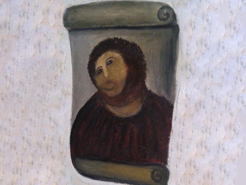 «Ecce Homo», Элиас Мартинес. Прихожанка Сесилия Хименес с 2010 года по разрешению настоятеля церкви реставрировала работу Мартинеса, специалисты результат трудов признали вандализмом. Тем не менее, работа получила известность в интернете и была названа «Пушистым Иисусом», в итоге некоммерческая организация, которая владела церковью и фреской получила на притоке туристов, которые хотели посмотреть на Иисуса, €50 000.