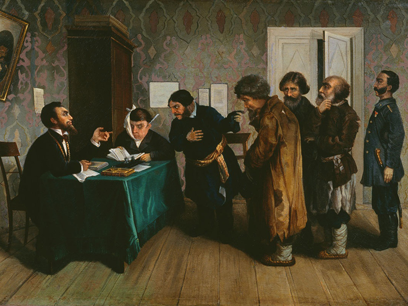 Николай Загорский, «У мирового судьи в провинци», 1880 г. Николай Загорский — русский живописец, художник бытового жанра. 