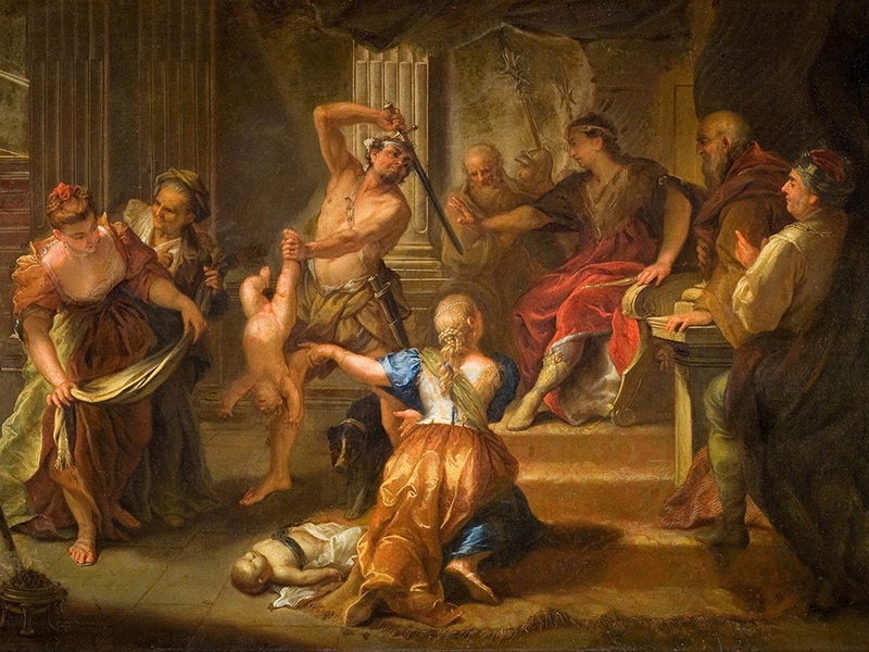 Суд Соломона, 1710 х.,м. Монпелье, музей Фабре. Иллюстрация к истории о мудром судье и матери, которая готова лишиться ребенка, но сохранить ему жизнь. Две женщины принесли к Соломону мертвого и живого младенцев, и каждая утверждала, что живой ребенок - ее.  Утомившийся от их спора Соломон предложил разрубить живого младенца и отдать каждой из спорщиц половину. Одна из женщин согласилась, другая же просила отдать ребенка сопернице, но сохранить ему жизнь. Она и есть мать ребенка, рассудил Соломон.