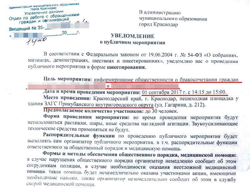 Пикетирование – форма публичного выражения мнений с использованием плакатов или транспарантов. Пикетирование относится к публичному мероприятию, и хотя его не нужно согласовывать заранее, участники свадьбы решили подстраховаться и отправили уведомление в администрацию города.